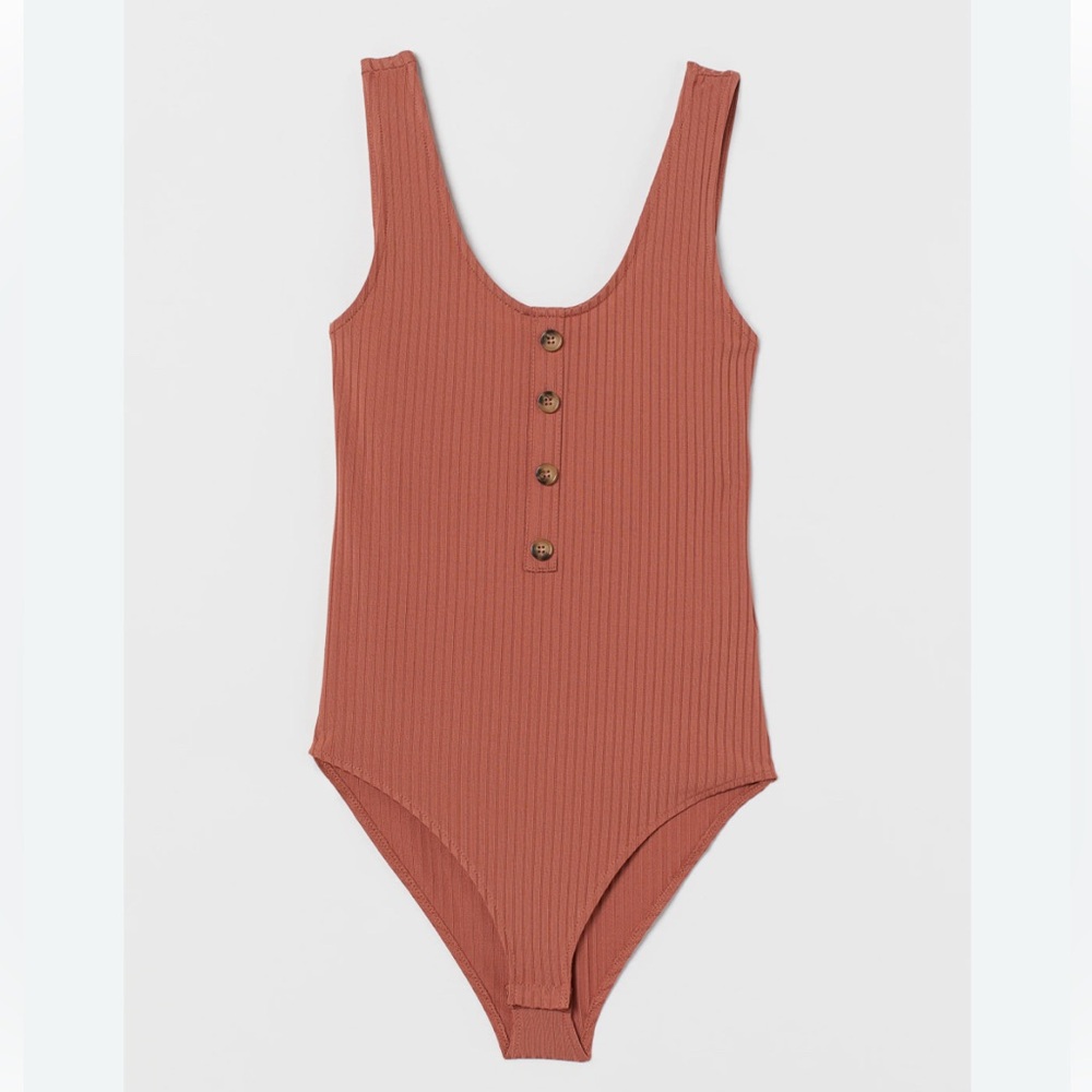 H&M Rust Ribbed Bodysuit with Button Detail, Size M